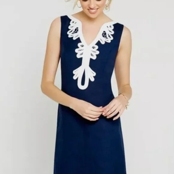 knee length dresses for ladies Eliza J Blue/Nude Crochet Lace Overlay Dress- Size 14  The Saved Collection